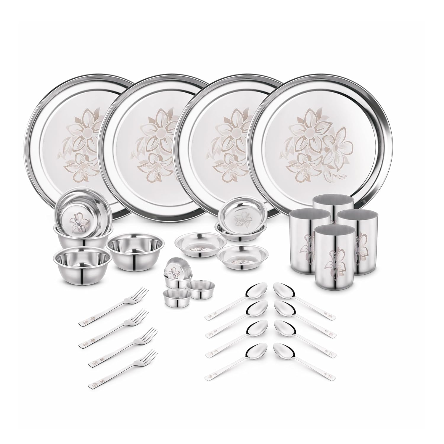 Classic Essentials Stainless Steel Dinner Set|Serves 4 People|Heavy Gauge|Kitchen Set|Permanent Laser-Glory, Set of 32 at ₹1048 – Amazon