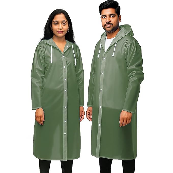 Pivalo EVA Rain Poncho for Men & Women-Lightweight Waterproof Raincoat with Hood Adjustable Drawstring & Button Closure Reusable Outdoor Rainwear for Men Women Boys & Girls(Universal Size,Olive Green) at ₹149 – Amazon