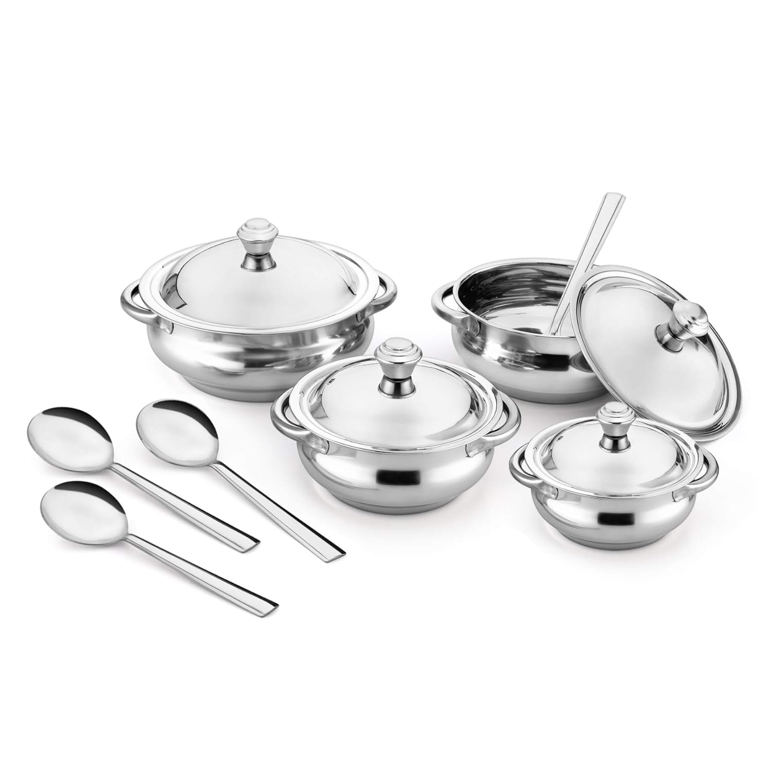 JENSONS Stainless Steel Handi Set with Lid & Serving Spoon, Silver, 8 Pcs | BPA Free, Rust Free, Dishwasher Safe, Freezer Safe, 500ml, 750ml at ₹699 – Amazon