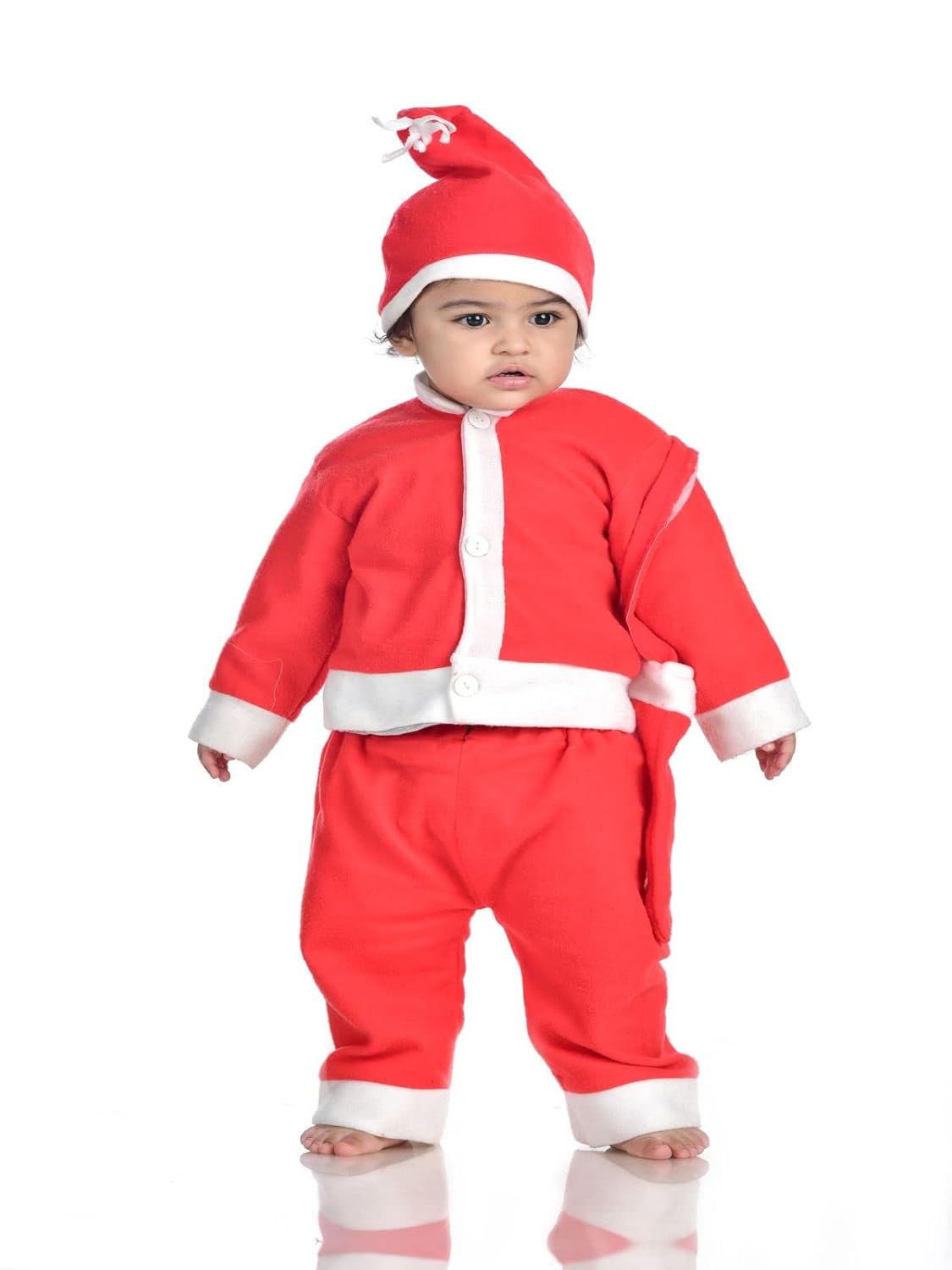 BookMyCostume Santa Boy Dress Set of 4 (Jacket, Bottom, Bag, & Cap) Kids Christmas Costume 4-5 years at ₹135 – Amazon
