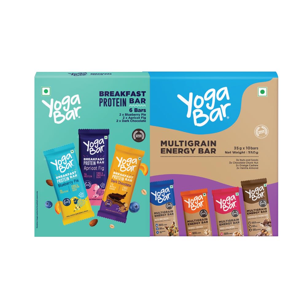 Yogabar Protein Bar Combo, 16 Bars | Multigrain Energy Bar x 10 and Breakfast Protein Bar x 6 | Protein Snack with High Fibre at ₹329 – Amazon