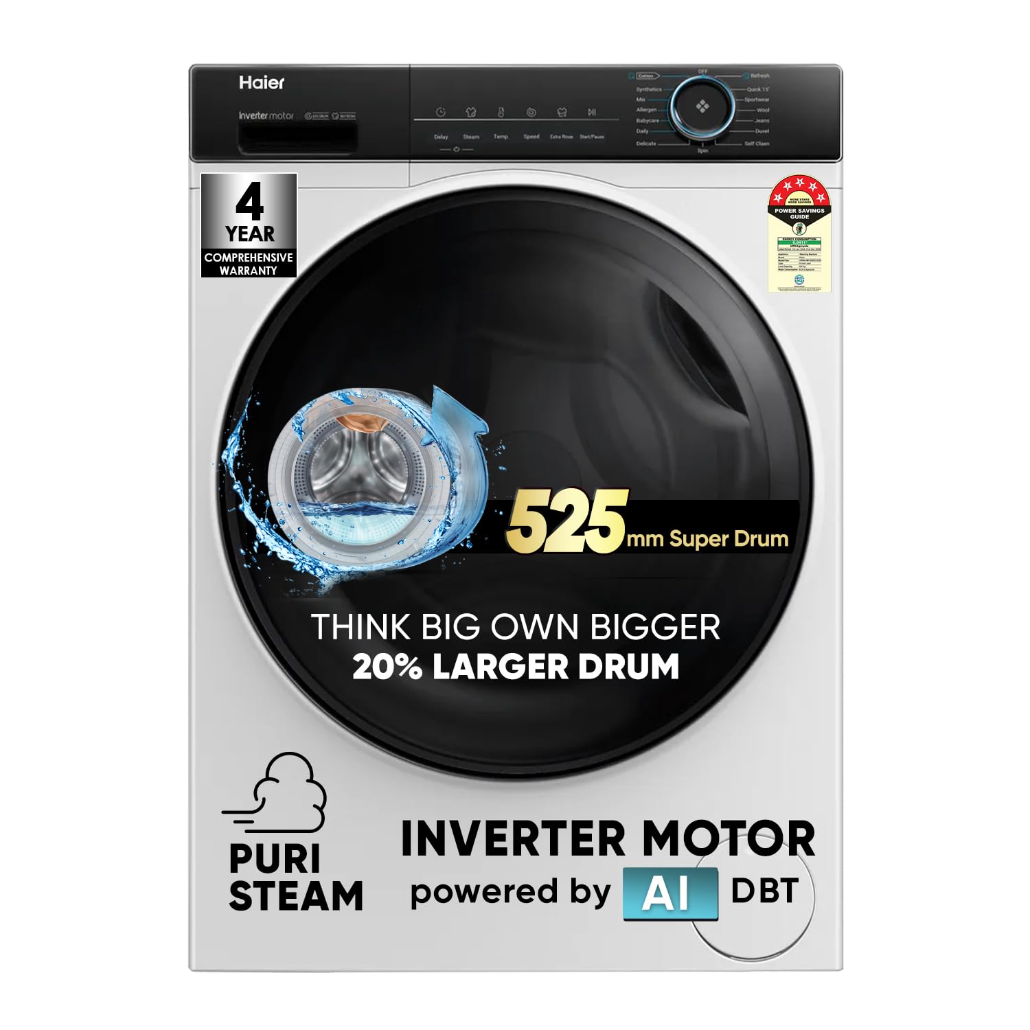 Haier 8 kg 5 Star Powered by AI-DBT with PuriSteam, 525mm Super Drum, Inverter Motor with In-Built Heater Fully Automatic Front Load Washer at ₹23440 – Amazon