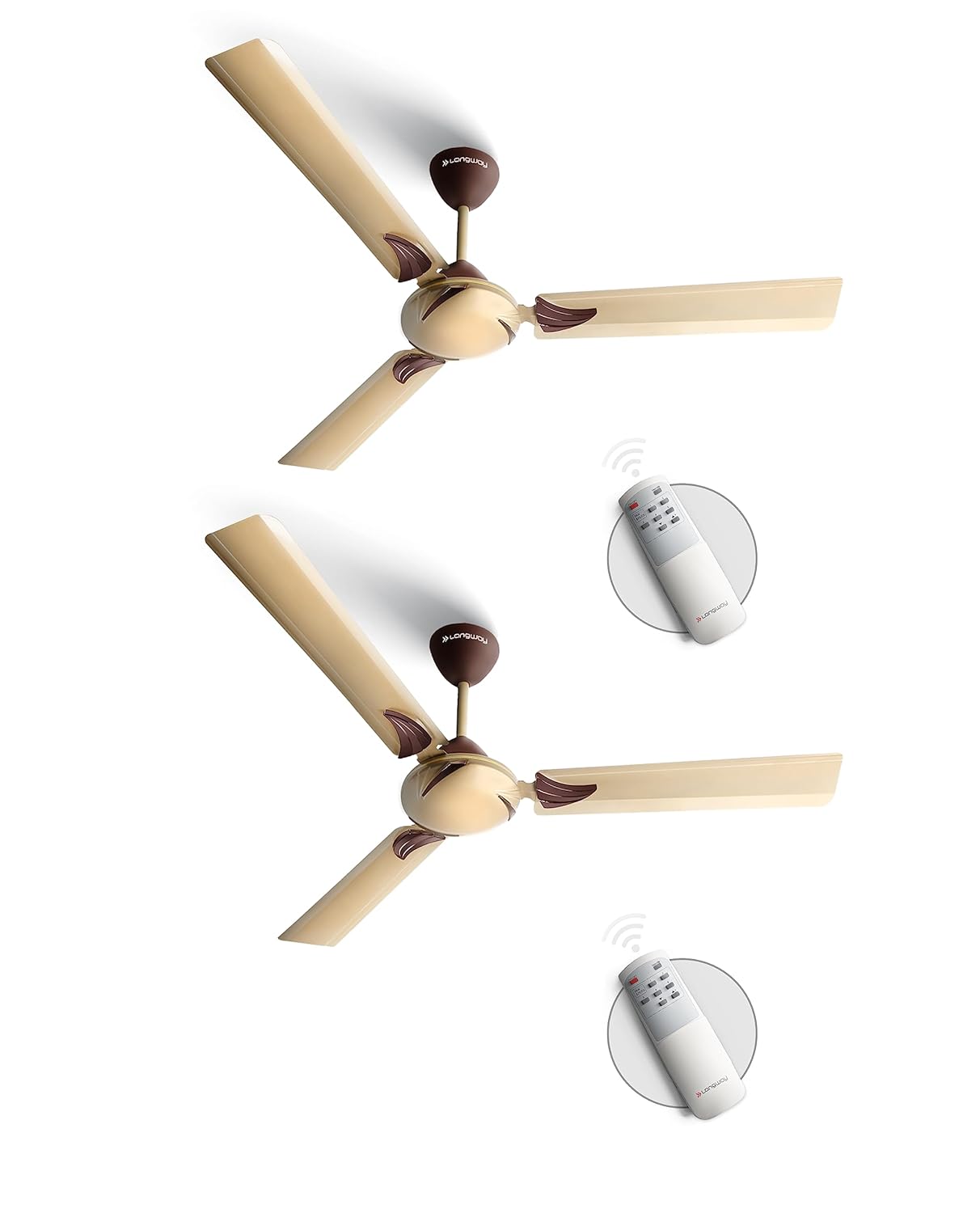 LONGWAY Creta P2 1200 mm/48 inch Remote Controlled 3 Blade Anti-Dust Decorative Star Rated Ceiling Fan (Golden, Pack of 2) at ₹3399 – Amazon