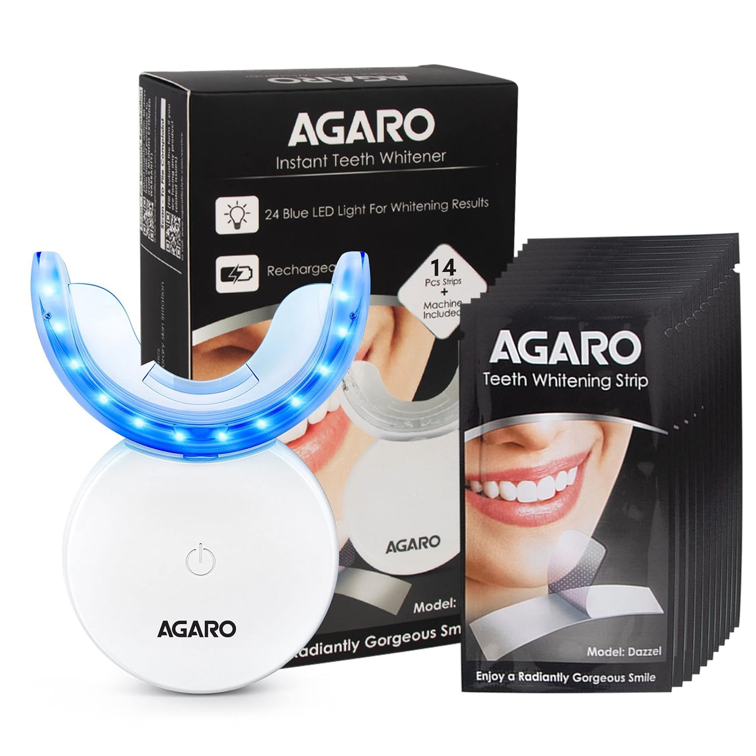AGARO Dazzle Instant Teeth Whitening Kit with 14 Pcs Strips, Manual Dental Whitening Kit for adults, Oral Care, 24 Blue LED Light, Rechargea at ₹999 – Amazon