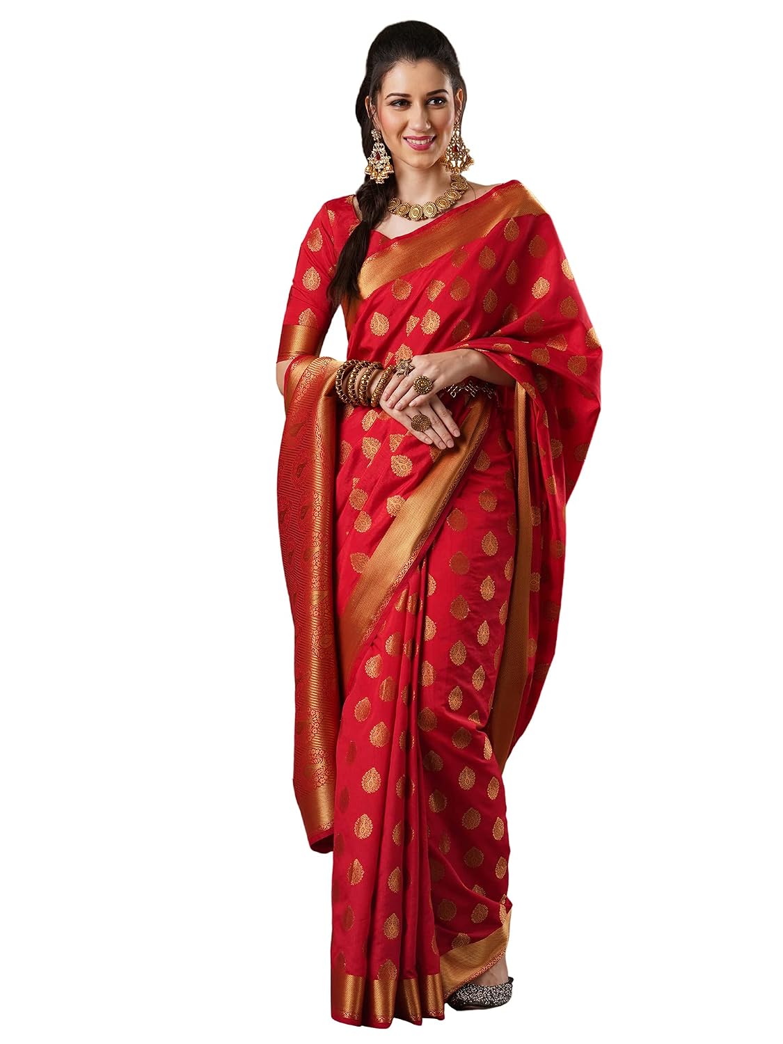 AKHILAM Women's Floral Silk Blend Woven Design Saree With Unstitched Blouse Piece (Red_2RAWS9030_WBG) at ₹329 – Amazon