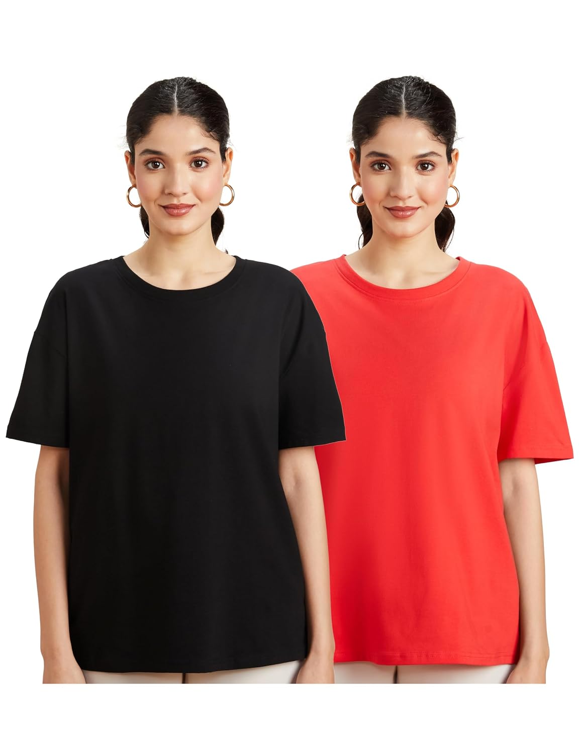 Symbol Women Cotton Stretch Oversized Fit Round Neck Half Sleeve T-Shirt (Available in Plus Sizes) at ₹349 – Amazon
