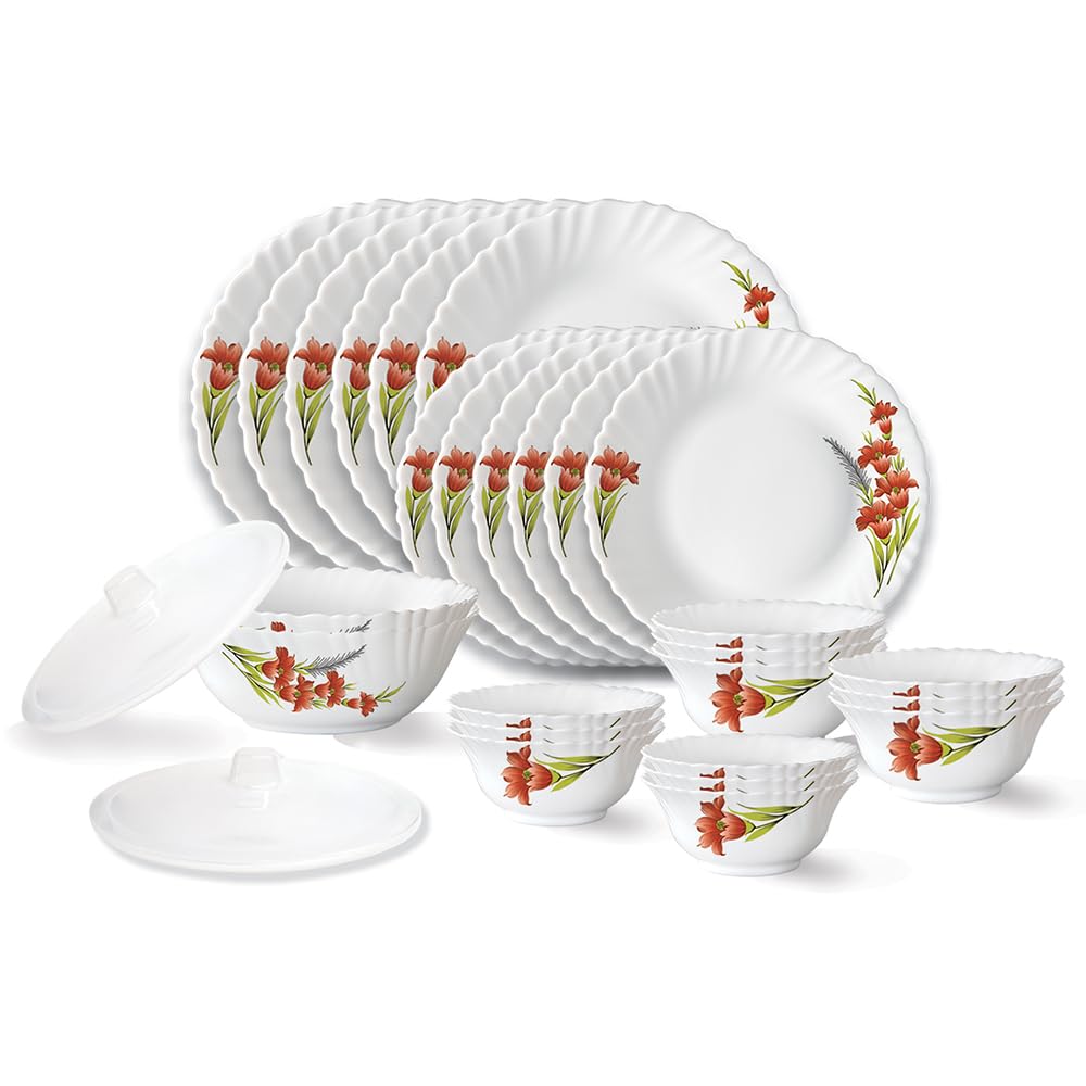 Larah by Borosil Red Iris Fluted Series Opalware Dinner Set | 28 Pieces for Family of 6 | Microwave & Dishwasher Safe | Bone-Ash Free | Croc at ₹1688 – Amazon