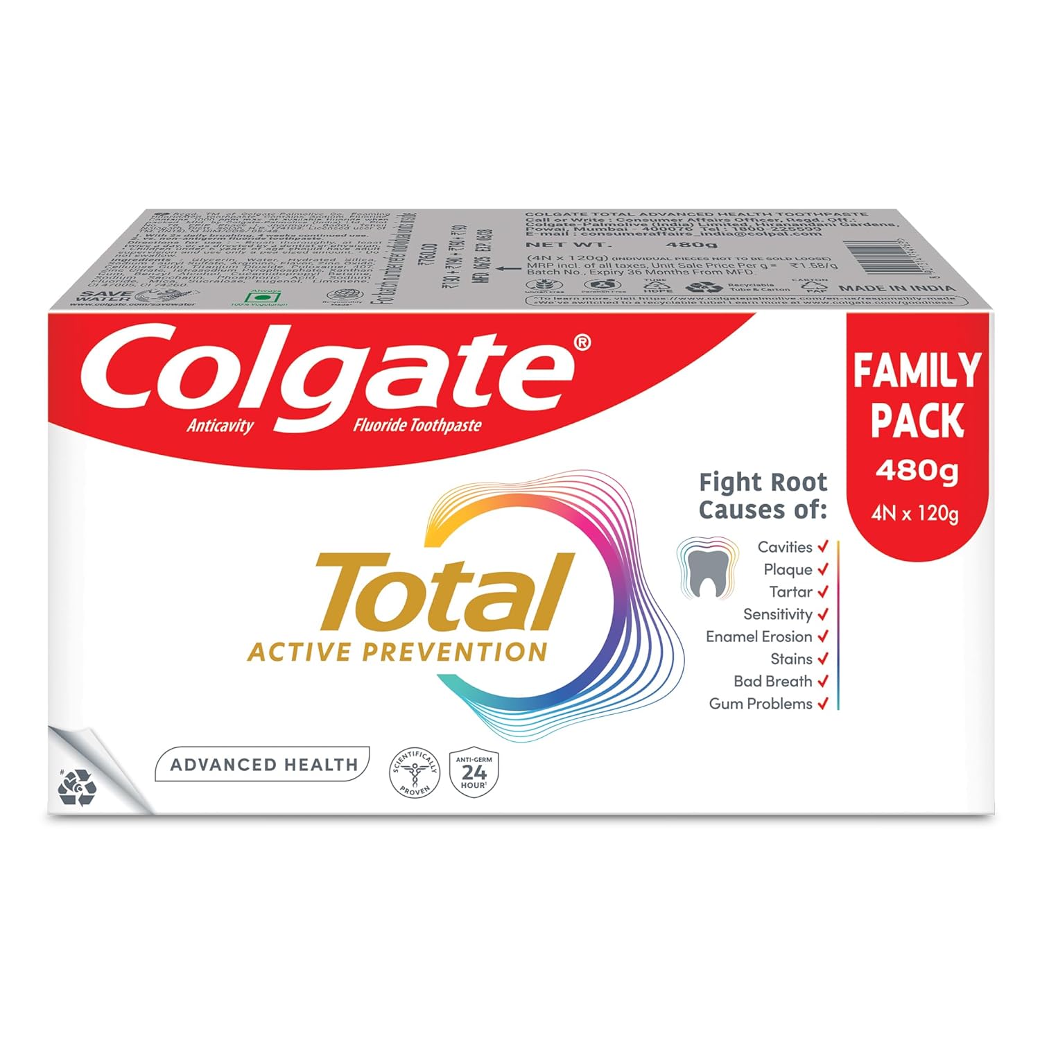 Colgate Total Advanced Health Anti-germ Toothpaste, 480g, To at ₹360 – Amazon