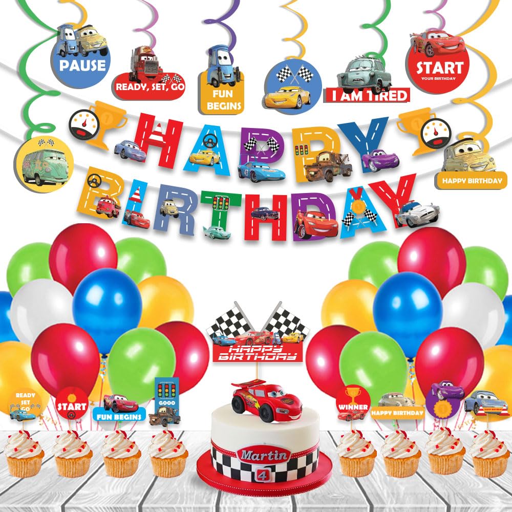 Festiko Cardstock Set Of 51 Pcs Car Theme Happy Birthday Combo (Banner, Swirls With Cutouts, Balloons, Cake & Cupcake Toppers), Car Theme De at ₹199 – Amazon
