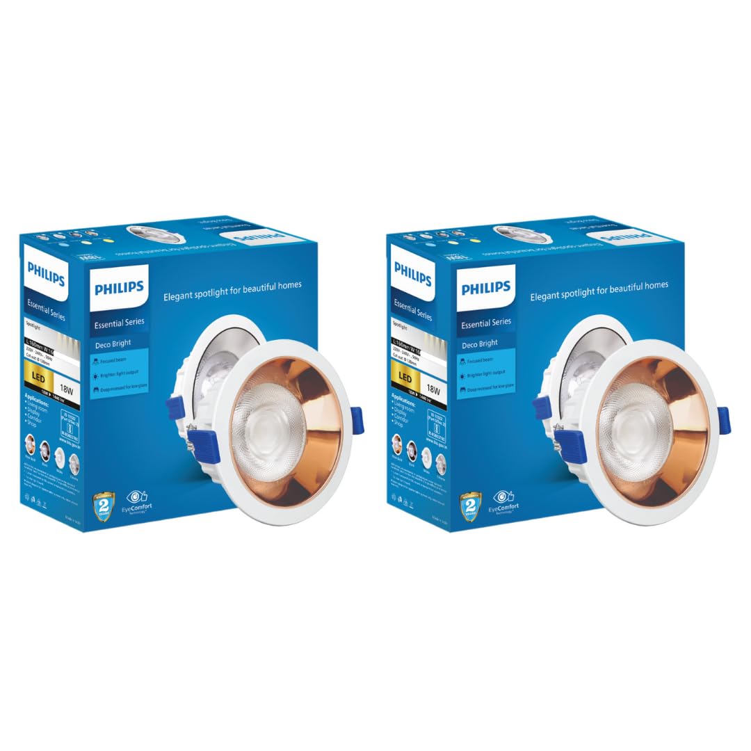 PHILIPS 18 Watt Rose Gold Reflector LED Ceiling COB Round Spot Light with Focused Beam | Cut Out: 138mm | Cool Day Light, Pack of 2 (Deco Br at ₹1410 – Amazon
