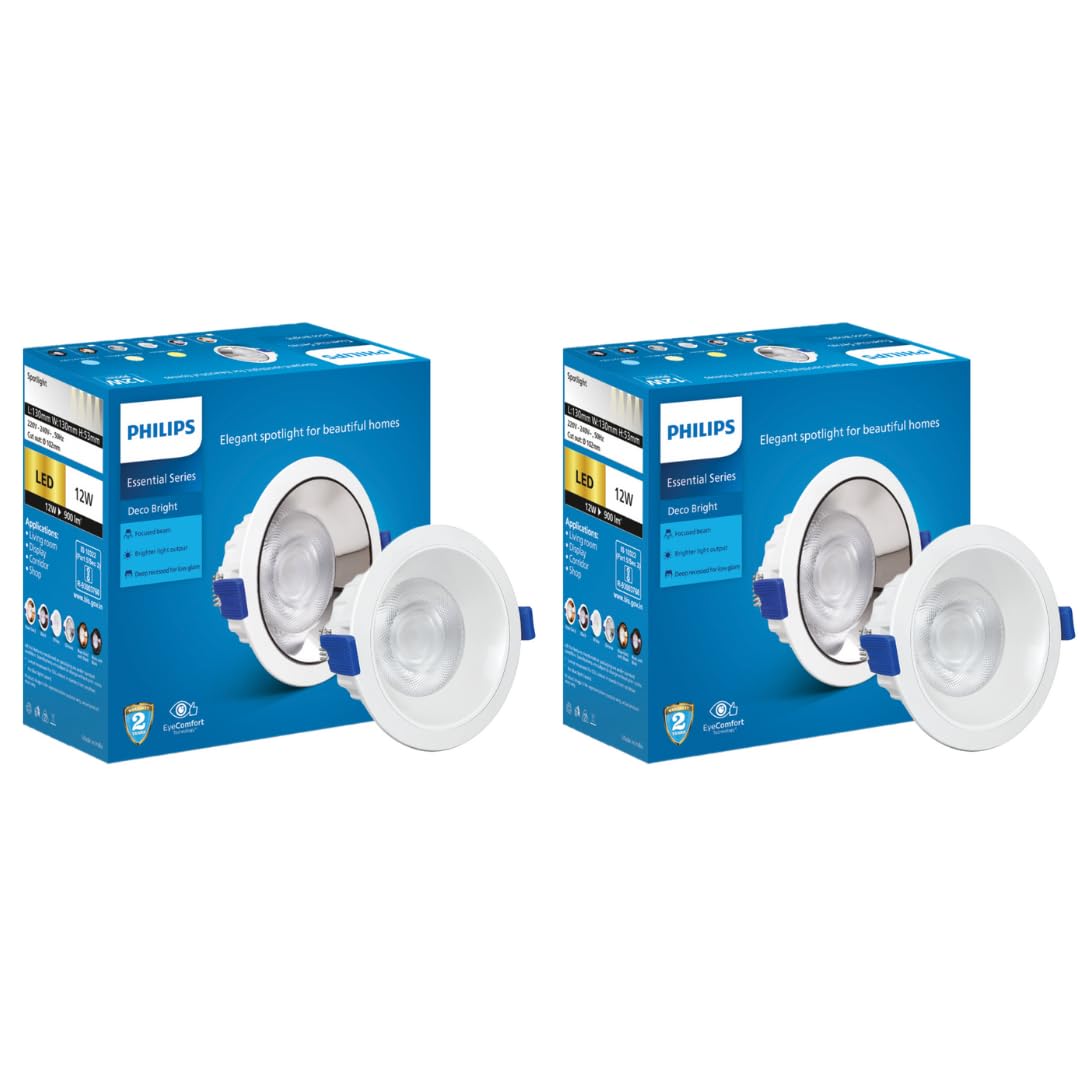 PHILIPS Polycarbonate 12 Watt White Reflector Led Ceiling Cob Round Spot Light with Focused Beam|Cut Out: 102Mm|Cool Day Light,Pack of 2 (De at ₹673 – Amazon