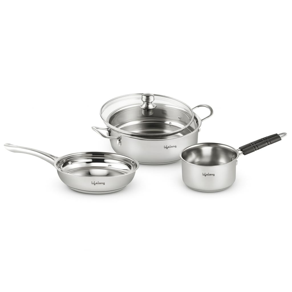 Lifelong 4 piece Stainless Steel cookware Set | 22 cm Kadai at ₹1199 – Amazon