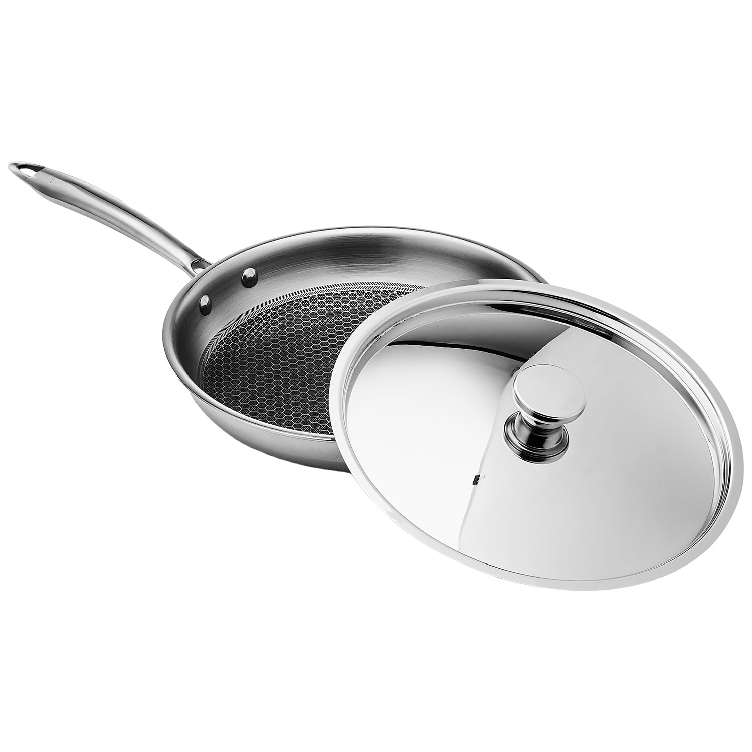 Amazon Basics Non-Stick Honeycomb Triply Stainless Steel Frying Pan with Steel Lid, 24 cm - 1.7L, Fast & Even Heating, Induction & Gas Compa at ₹1215 – Amazon
