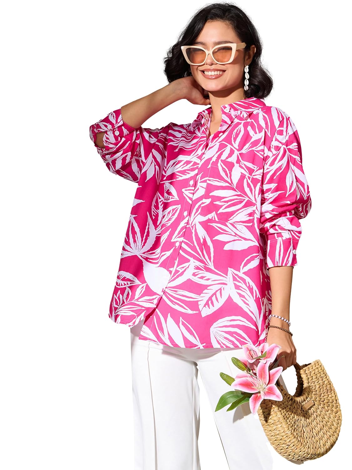 barcino Fuchsia Tropical Floral Oversized Shirt at ₹177 – Amazon