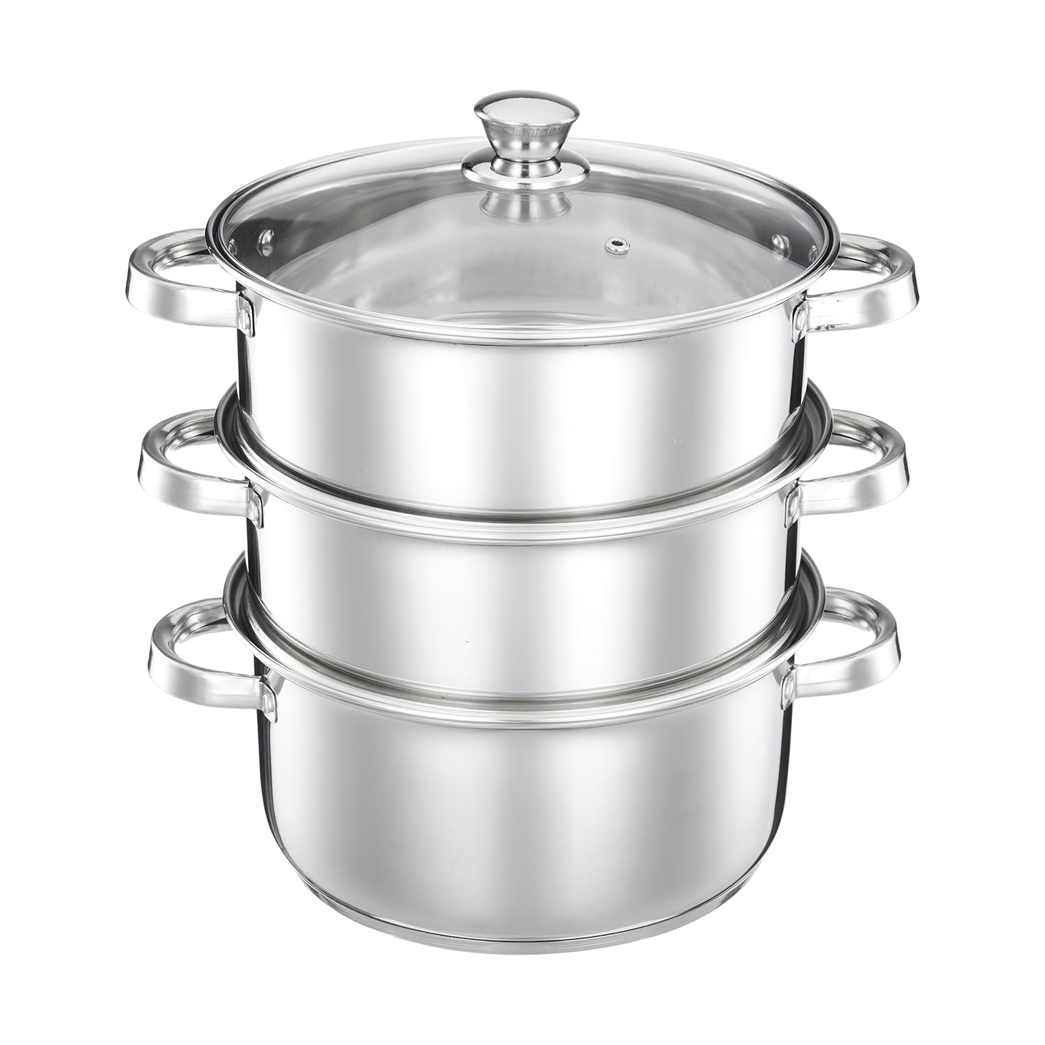 Amazon Brand – Solimo Stainless Steel 3-Tier Steamer with Glass Lid | 24 cm | Induction Bottom | For Modak, Momos & More | Multi-Layer Cooki at ₹1489 – Amazon