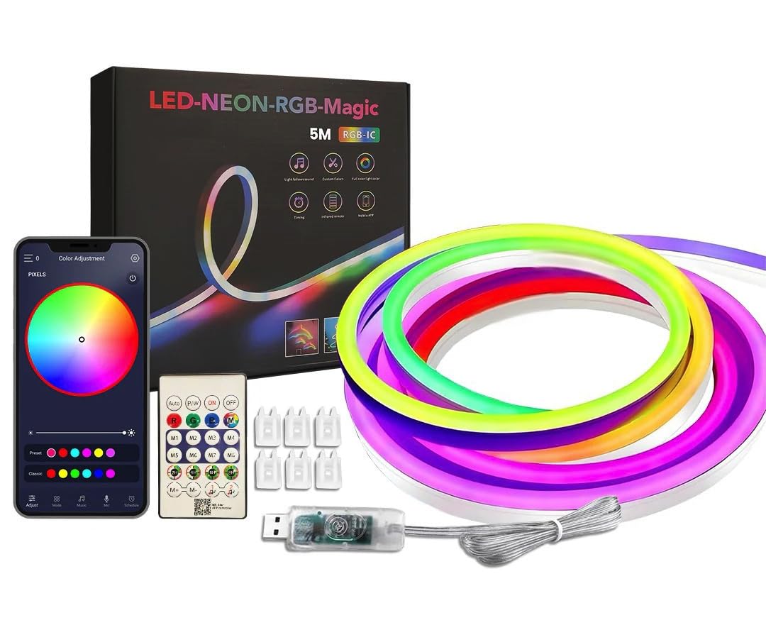 Groeien 5 Meter USB Powered Flexible Smart RGBIC Neon Flex LED Strip Lights with App & Remote-Control, Music Sync LED Strip, Silicone Rope L at ₹699 – Amazon