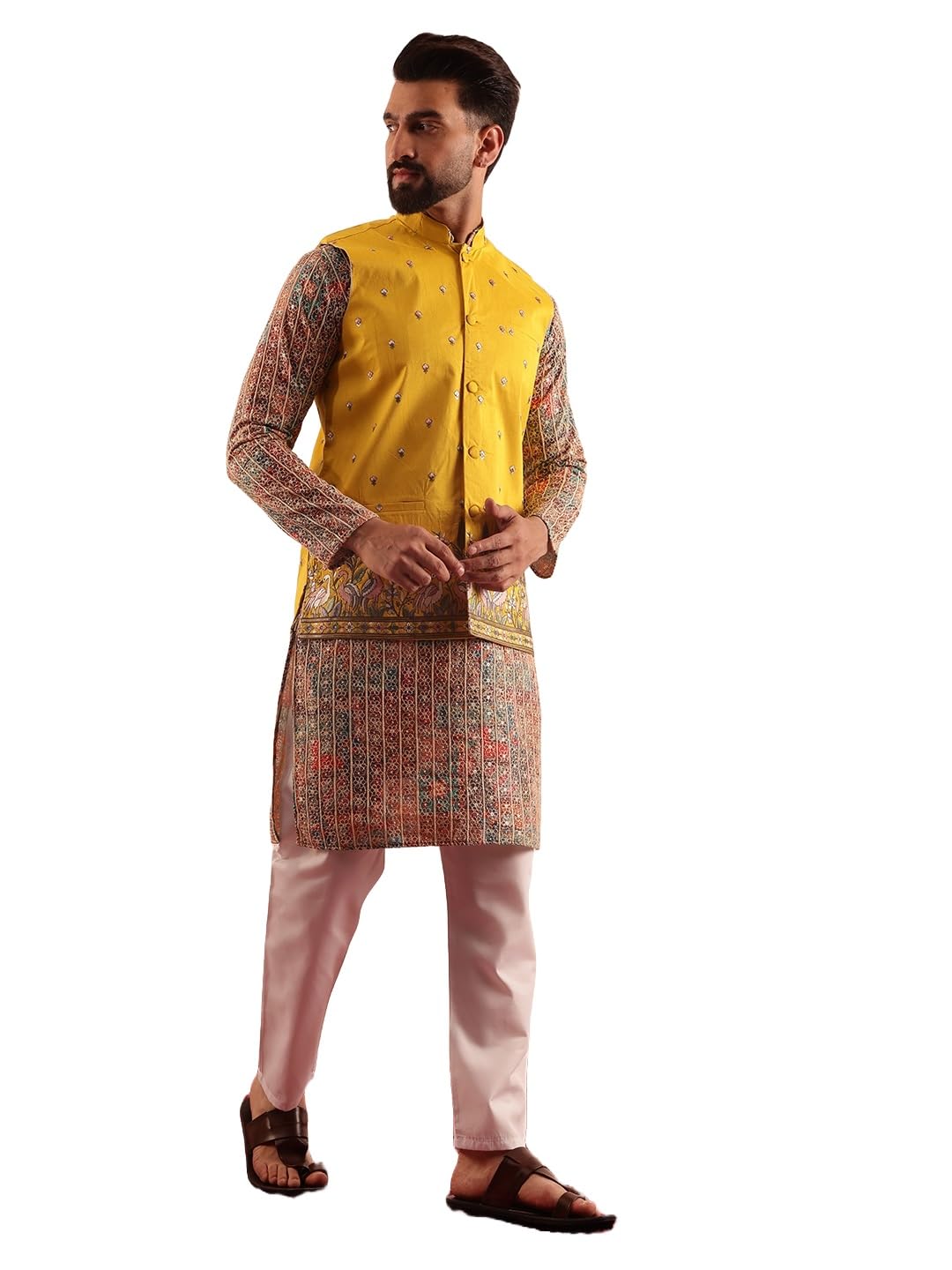 SOJANYA Men's Cotton Silk Multi color Kurta & White Pyjama With Daman Embroidered Jacket at ₹654 – Amazon