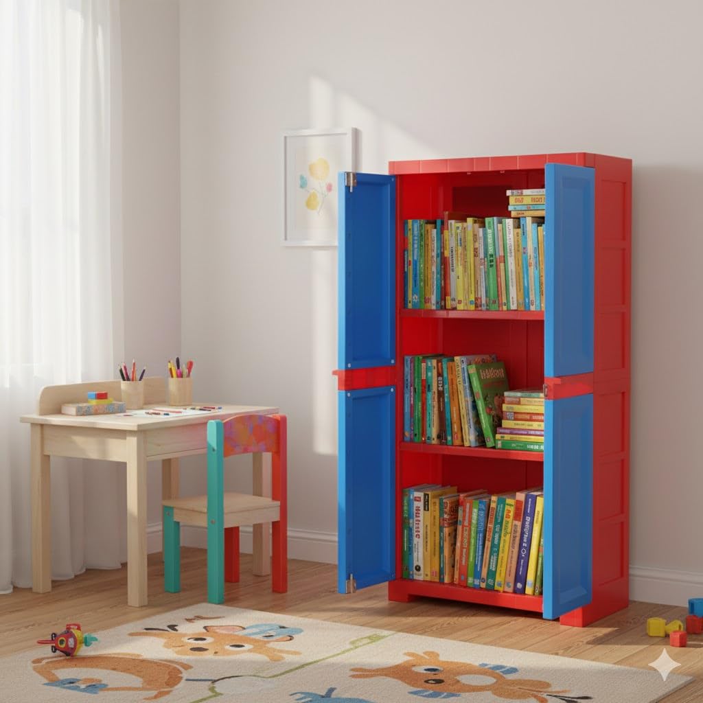 Cello Novelty Big Bookshelf, Red & Blue | 2 Dustproof Doors | Space Saving Cupboard | Plastic Book Shelf | Multipurpose Book Shelf for Home, at ₹3519 – Amazon