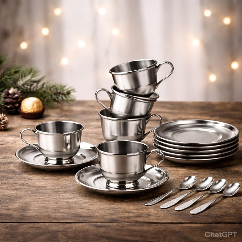 Steel Cup and Saucer|Coffee Cup with Plate with Spoon |Tea Cup with Plate|Double Wall|Cup with Handle|Unbreakable Cups|Mirror Finish|BPA Fre at ₹350 – Amazon