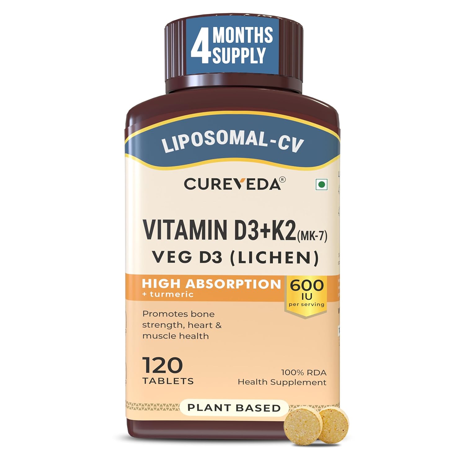 Cureveda Liposomal Vitamin D3 600 IU + Vitamin K2-7 & Turmer at ₹599 – Amazon