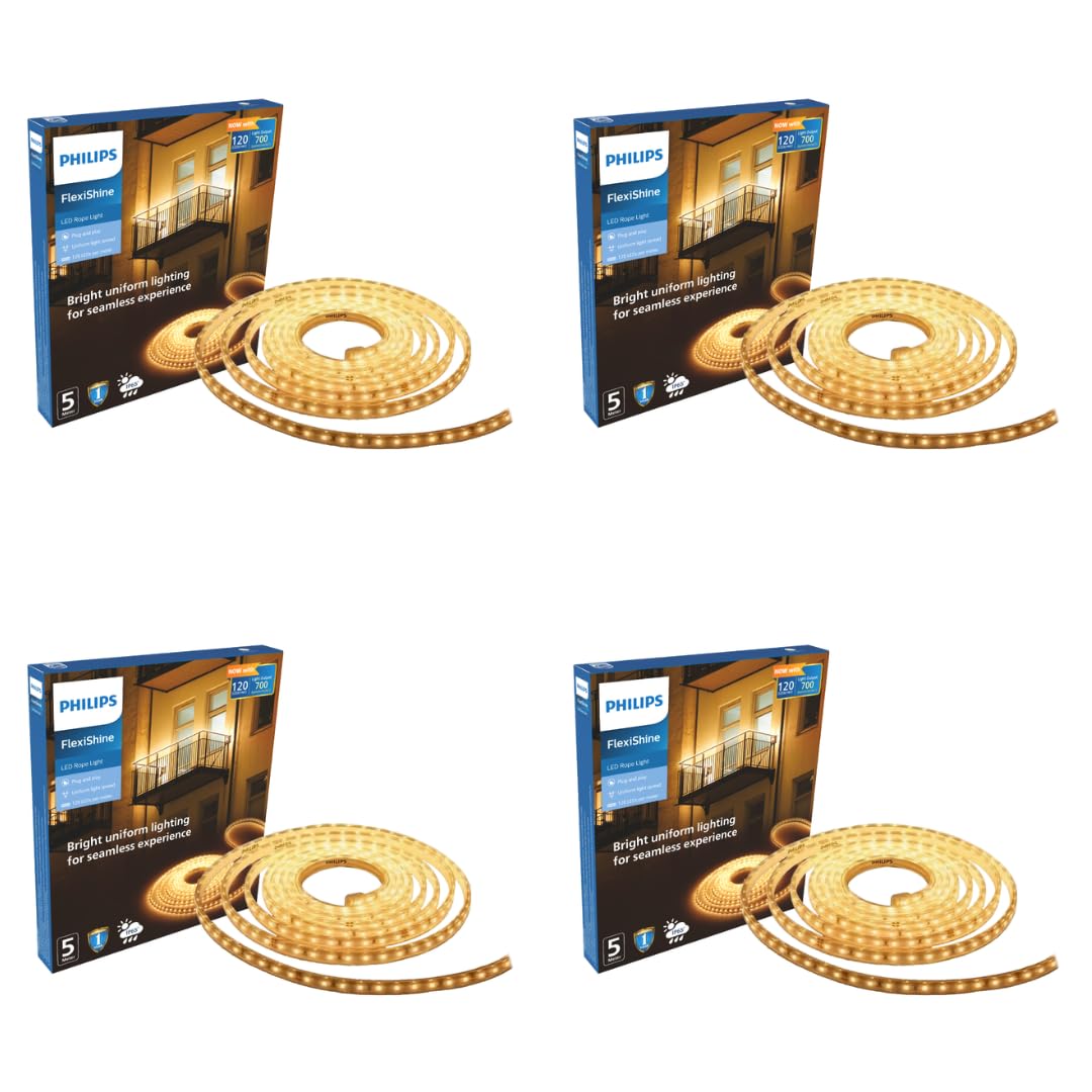 PHILIPS FlexiShine LED Strip Light 5M | 8 Watt per Meter | 120 LEDs/m | IP65 Waterproof LED Rope Light for Outdoor Balcony Garden Pathway Lighting | Flexible Decorative Lighting | Warm White Pack of 4 Rs.2160 @ Amazon at ₹2160 (66% Off) – Amazon