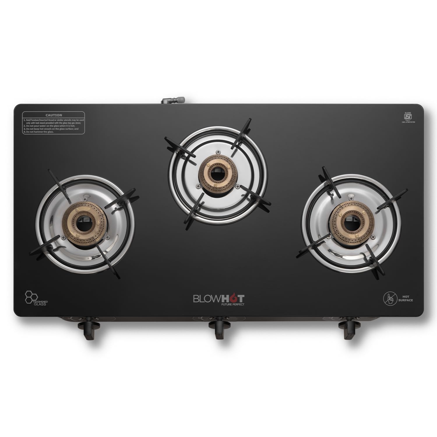 BLOWHOT Manual Ignition Premium Design Majesty 3 Burners Gas Stove (ISI Certified) - 2 Year Warranty, Heavy Brass Tri-Pin Burner, Thick Toug at ₹3399 – Amazon