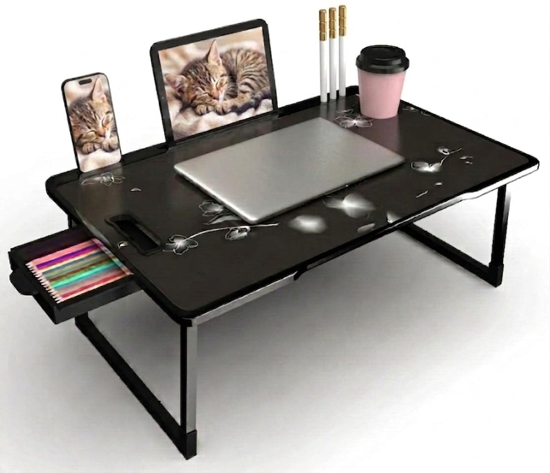 Wood Multipurpose Foldable Laptop Table with Cup Holder | Table Home Study Writing Table, Foldable and Portable/Ergonomic Edges Kids & Adult at ₹299 – Amazon